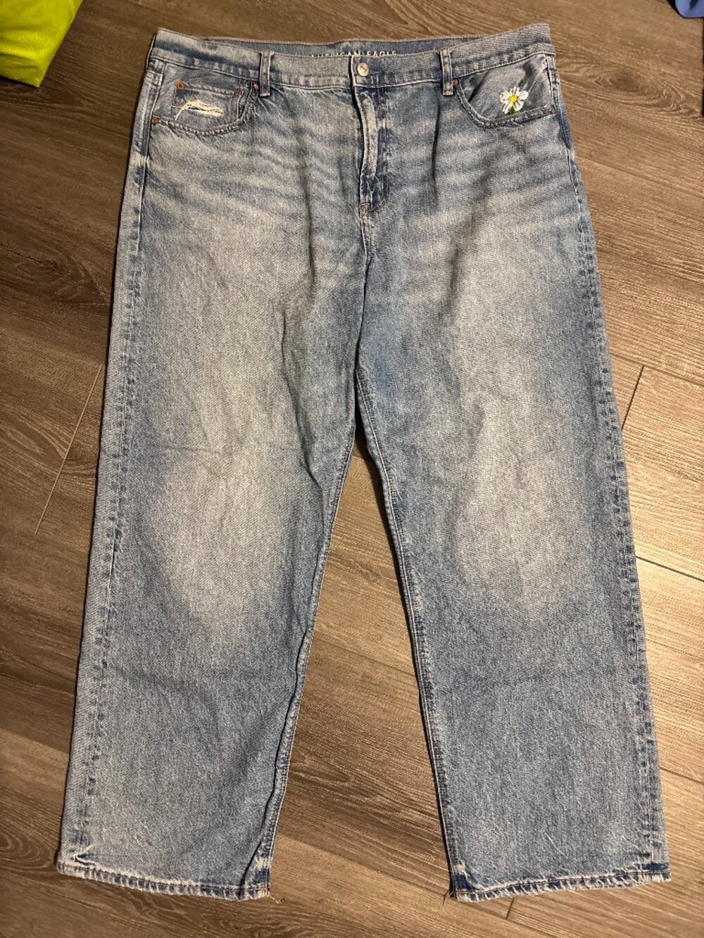 AE Blue Strigid Low-Rise Ex-Boyfriend Jean WITH EMBROIDERY